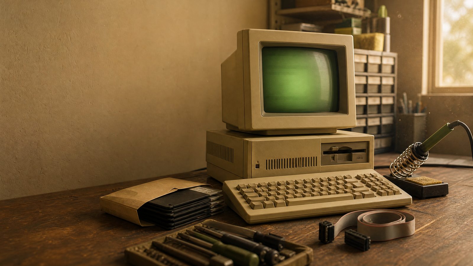 A workshop bench in warm light with a beige vintage-styled computer, disks, a soldering iron and a ribbon cable