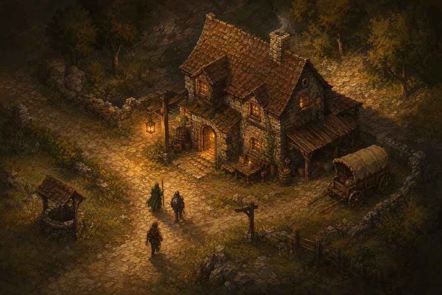 An isometric painted scene of a stone crossroads inn at dusk with a hanging lantern and small adventurer figures