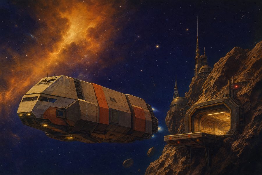 A boxy angular cargo freighter drifting beside a rocky asteroid dock with a distant amber nebula