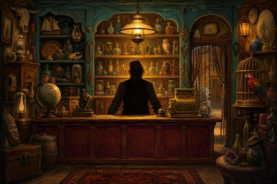 A cluttered curiosity shop interior in warm lamplight with shelves of jars, a brass till and a parrot cage