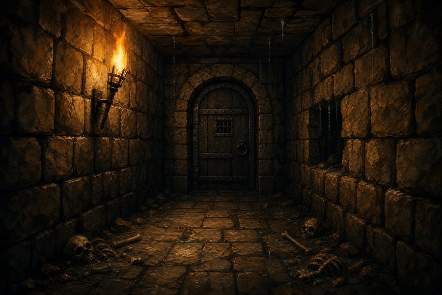 A first-person view down a torch-lit stone dungeon corridor toward an iron-bound door