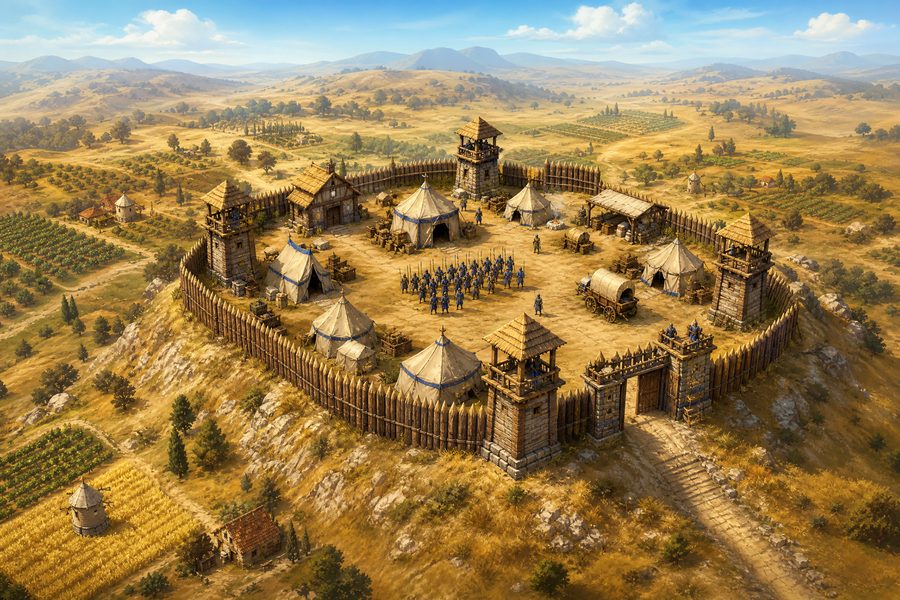 A hilltop fortified camp with palisade walls, tents and ranked soldier figures above farmland