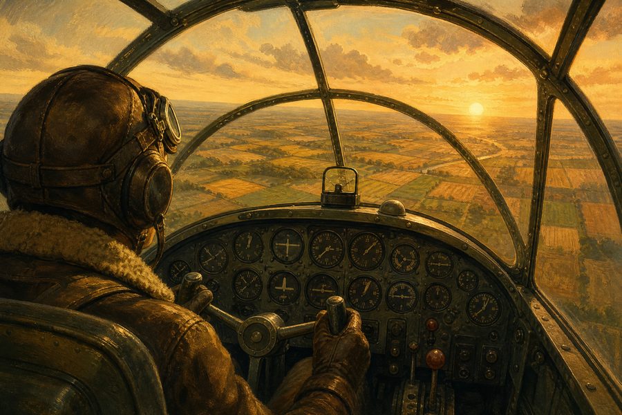 The cockpit interior of a propeller aircraft with analogue dials and a canopy view of farmland at sunset