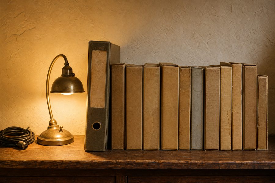 A wooden shelf holding a row of plain cardboard game boxes beside a brass desk lamp and a coiled cable